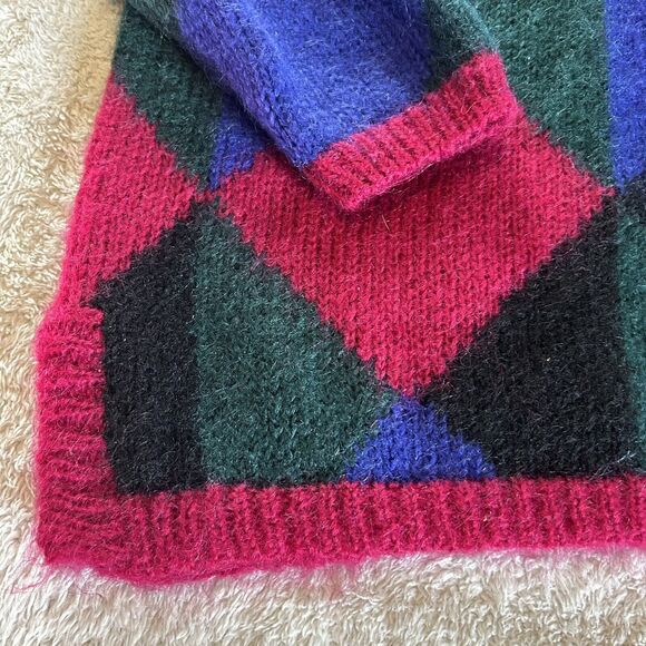 Vintage Sweater Large Mohair Long Line Pink Wool Blend Color Block Fuzzy Grunge - Picture 2 of 12
